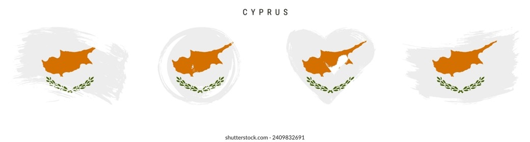 Cyprus hand drawn grunge style flag icon set. Cypriot banner in official colors. Free brush stroke shape, circle and heart-shaped. Flat vector illustration isolated on white.