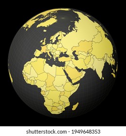 Chipre en el globo oscuro con mapa del mundo amarillo. País resaltado con color azul. La proyección mundial por satélite se centró en Chipre. Potente ilustración vectorial.