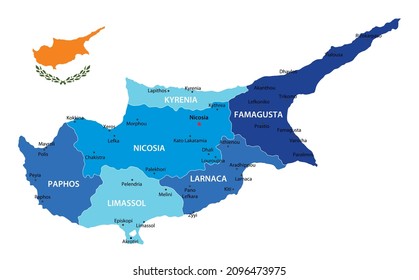 
Cyprus highly detailed map. Vector blue illustration with borders, cities and national flag