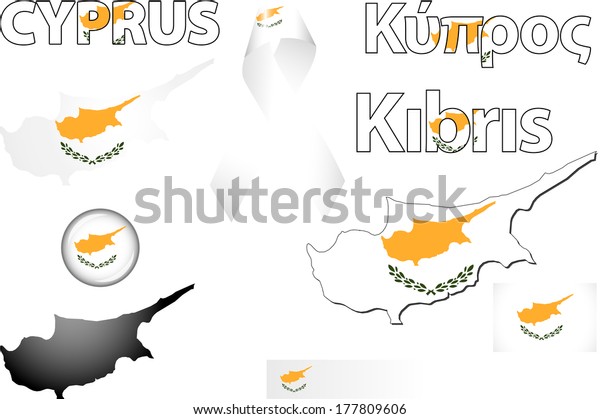 Cyprus Icons. Set of vector graphic images and\
symbols representing Cyprus. The text says \'Cyprus\' in Greek and\
Turkish.