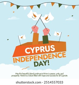 Cyprus Independence day background, banner, post. 1st October Independence day of Cyprus celebration banner with its flags, hand fists in air holding flags. The day recalls when country got freedom.