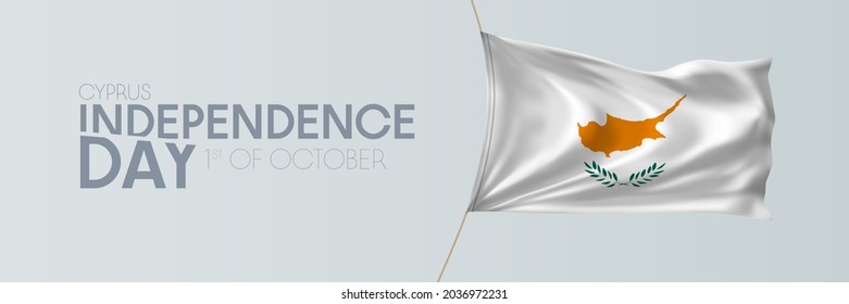 Cyprus independence day vector banner, greeting card. Cypriot wavy flag in 1st of October national patriotic holiday horizontal design