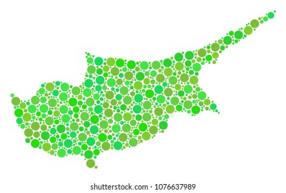 Cyprus Island Map mosaic of randomized filled circles in variable sizes and green color tones. Vector spheric items are organized into cyprus island map composition.