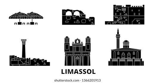 Cyprus, Limassol flat travel skyline set. Cyprus, Limassol black city vector illustration, symbol, travel sights, landmarks.