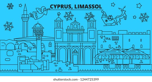 Cyprus, Limassol winter holidays skyline. Merry Christmas, Happy New Year decorated banner with Santa Claus.Cyprus, Limassol linear christmas city vector flat illustration
