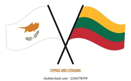 Banderas de Chipre y Lituania Cruzadas y ondeadas de estilo plano. Proporción oficial. Colores correctos.