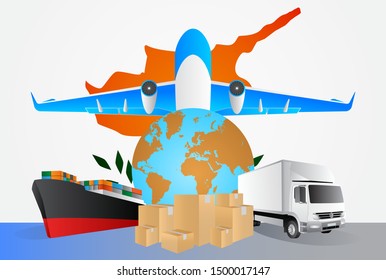 Cyprus logistics concept illustration. National flag of Cyprus from the back of globe, airplane, truck and cargo container ship