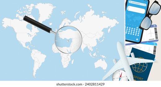 Cyprus is magnified over a World Map, illustration with airplane, passport, boarding pass, compass and eyeglasses. Vector illustration.