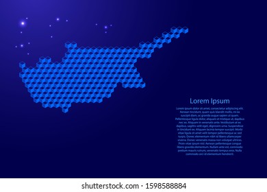 Cyprus map from 3D classic blue color cubes isometric abstract concept, square pattern, angular geometric shape, glowing stars. Vector illustration.