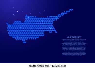 Cyprus map abstract schematic from blue triangles repeating pattern geometric background with nodes and space stars for banner, poster, greeting card. Vector illustration.
