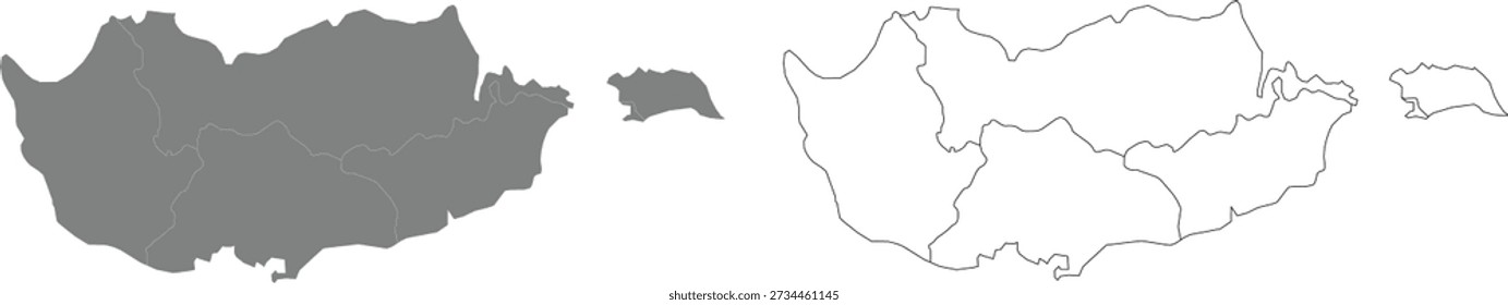 Cyprus Map with Administrative Districts Outline and Silhouette Vector Illustration