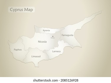 Mapa de Chipre, división administrativa con nombres, antiguo vector de fondo de papel