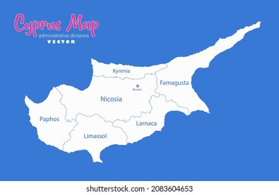 Cyprus map, administrative divisions whit names regions, blue background vector