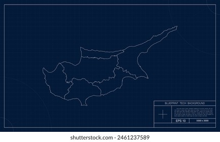 Cyprus Map with Blueprint Tech Style Background.