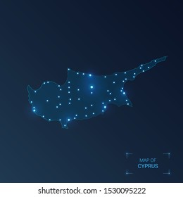 Cyprus map with cities. Luminous dots - neon lights on dark background. Vector illustration. 