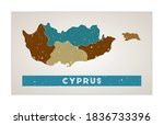 Cyprus map. Country poster with regions. Old grunge texture. Shape of Cyprus with country name. Amazing vector illustration.