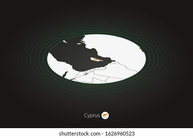 Cyprus map in dark color, oval map with neighboring countries. Vector map and flag of Cyprus