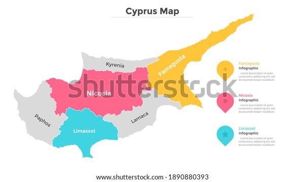 Cyprus map divided into federal states. Territory\
of country with regional borders. Cypriot administrative division.\
Infographic design template. Vector illustration for touristic\
guide, banner.