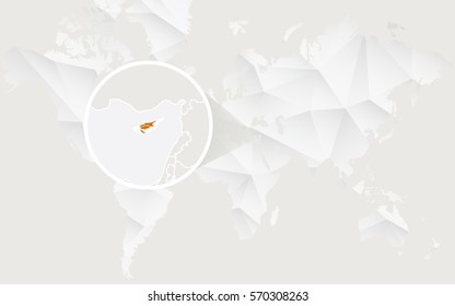 Cyprus map with flag in contour on white polygonal World Map. Vector Illustration.