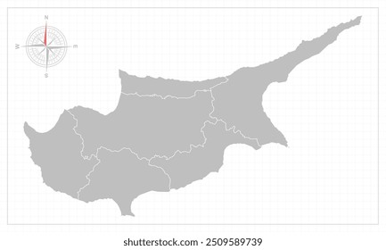Cyprus map with grey style and compas element.