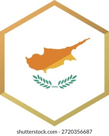 Cyprus map in hexagon with laurel wreath, golden frame, symbolic representation