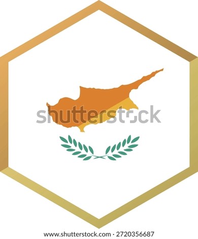 Cyprus map in hexagon with laurel wreath, golden frame, symbolic representation