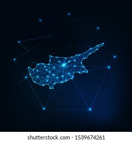 Cyprus map outline with stars and lines abstract framework. Communication, connection concept. Modern futuristic low polygonal, wireframe, lines and dots design. Vector illustration.