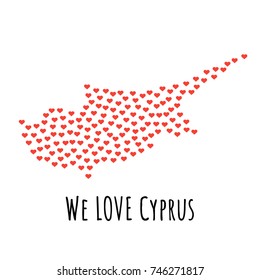 Cyprus Map with red hearts- symbol of love. abstract background with text We Love Cyprus. vector illustration. Print for t-shirt