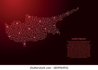Cyprus map from red pattern of the maze grid and glowing space stars grid. Vector illustration.