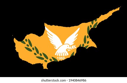 Cyprus map silhouette with coat of arms vector illustration isolated on black background. National emblem of Cyprus. Cyprus flag over map.