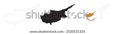 Cyprus map in various style outline, icon, black color, border, flag colors. Europe country icons collection. Vector illustration