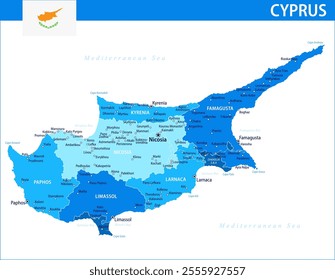 Cyprus Map Vector Blue Spot - Customizable layered political map of Cyprus with administrative divisions for website, education, reports, news, politics, print, poster and wallpaper