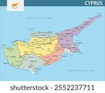 Cyprus Map Vector New 2024 Colorful - Customizable layered political map of Cyprus with administrative divisions for website, education, reports, news, politics, print, poster and wallpaper