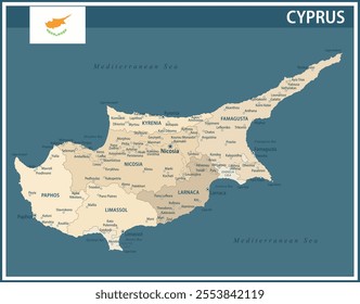 Cyprus Map Vector Vintage Dark Blue Beige - Customizable layered political map of Cyprus with administrative divisions for website, education, reports, news, politics, print, poster and wallpaper