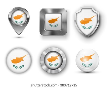 Cyprus Metal and Glass Flag Badges, Buttons, Map marker pin and Shields. Vector illustrations