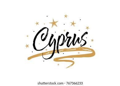 Cyprus. Name country word text card, banner script. Beautiful typography inscription greeting calligraphy poster black, gold ribbon, star. Handwritten design modern brush lettering isolated vector