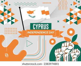 CYPRUS national day banner with map, flag colors theme background and geometric abstract retro modern colorfull design with raised hands or fists.