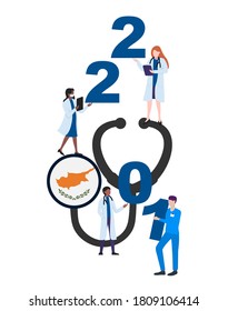 Cyprus national flag on a stethoscope with doctors and year 2021 on a white background. Postcard on the topic of fighting the epidemic. Health workers in the new year.