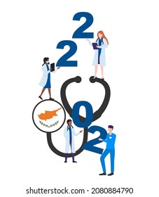 Cyprus national flag on a stethoscope with doctors and year 2022 on a white background. Postcard on the topic of fighting the epidemic. Health workers in the new year.