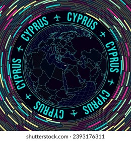 Chipre en el mundo. La visión satelital del mundo se centró en Chipre. Brillante estilo neón. Fondo de ladrillos radiales futuristas. Ilustración vectorial cautivadora.