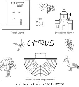 Cyprus outline vector set. Greek lifestyle elements and illustrations. Visit Cyprus icon set