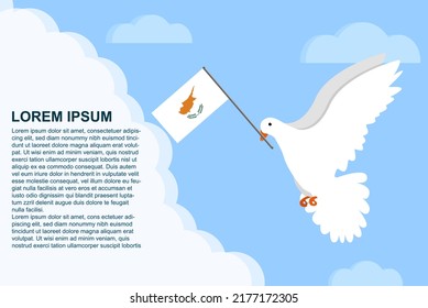 Cyprus peace concept with text area, Dove of Peace bird with Cyprus flag in its beak, dove flying in the clouds, vector illustration design, Cyprus peace day template, freedom idea