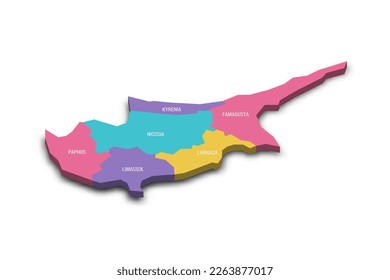 Cyprus political map of administrative divisions - districts. Colorful 3D vector map with dropped shadow and country name labels.
