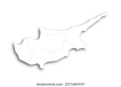 Cyprus political map of administrative divisions - districts. Flat white blank map with thin black outline and dropped shadow.