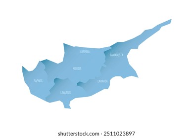 Cyprus political map of administrative divisions - districts. Shaded vector map with 3D-like blue gradient and name labels