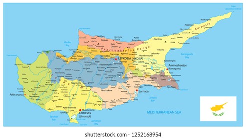 Cyprus Political Map. Detail administrative vector map of Cyprus.