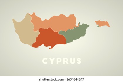 Cyprus poster in retro style. Map of the country with regions in autumn color palette. Shape of Cyprus with country name. Amazing vector illustration.