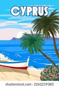 Cyprus Poster Travel, Greek seascape, beach, palms, boat, poster, Mediterranean landscape. Vintage style
