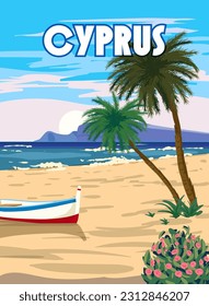 Cyprus Poster Travel, Greek seascape, beach, palms, boat, poster, Mediterranean landscape. Vintage style
