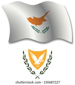 cyprus shadowed textured wavy flag and coat of arms against white background, vector art illustration, image contains transparency transparency